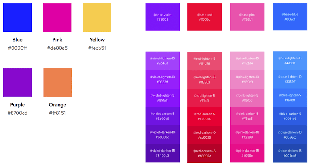 Основные и второстепенные цвета FutureLearn (слева) и некоторые цвета UXPin (справа) показывают, как различается потребность в изменении цвета в разных интерфейсах.